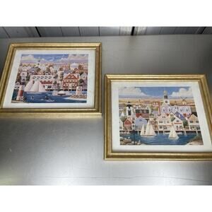Vintage Set Of 2 Gold Framed Nautical Beach FolkArt Sailing Decor 11 X 9